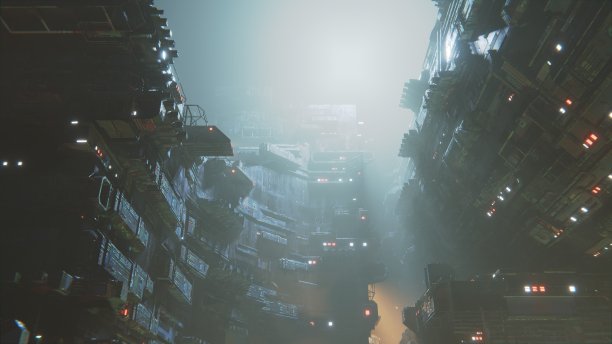 夜晚的太空城站，赛博朋克贫民区。工业星球上的大城市。公寓和房间灯火通明。三维渲染图片下载