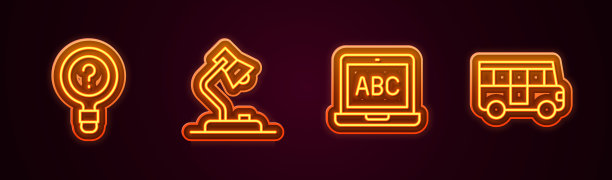 设置线未知搜索，台灯，笔记本电脑和校车。发光的霓虹灯图标。向量图片下载