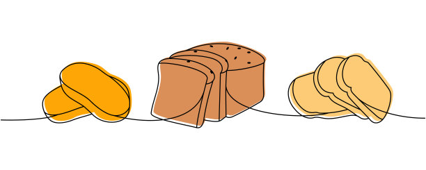 切片小麦面包一条线连续着色绘制。全麦面包、意大利面包、烤面包连续一行说明。图片下载