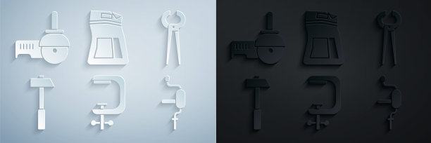 集钳和螺丝工具，钳子钳，锤子，手钻，水泥袋和角磨机图标。向量图片下载