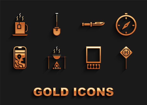 设置篝火和锅，指南针，停车，打开火柴盒火柴，城市地图导航，野营刀，茶与茶包和铲子图标杯。向量图片下载