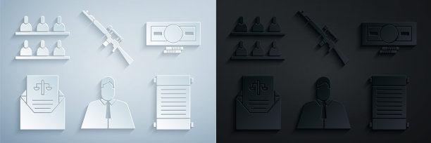 设置律师，律师，法学家，堆栈纸币现金，传票，法令，纸，羊皮纸，卷轴，狙击步枪与范围和陪审员图标。向量图片下载