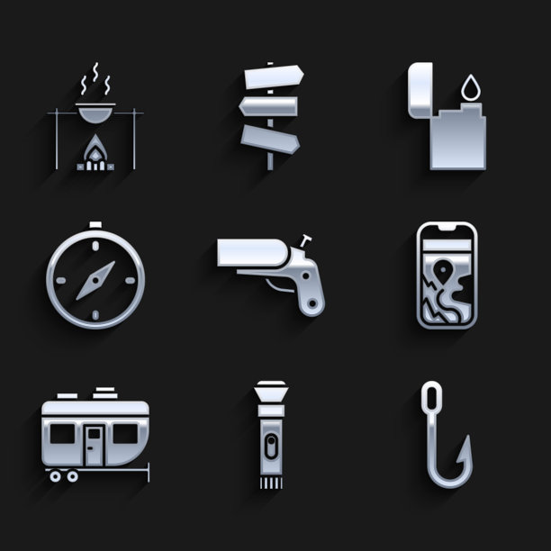 设置耀斑枪手枪，手电筒，鱼钩，城市地图导航，房车露营拖车，指南针，打火机和篝火和锅图标。向量图片下载