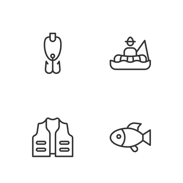 设置线鱼，钓鱼夹克，诱饵和渔民船的图标。向量图片下载