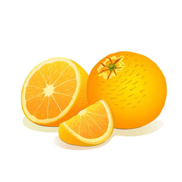 一套橘子。一个成熟的橙子，半个橙子和一片橙子，在白色孤立的背景上。水果，维生素，矿物质。食物，适当的营养和饮食。矢量插图。图片下载