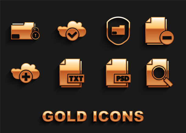 设置TXT文件文档，文档带减号，搜索，PSD，添加云，文件夹保护，文件夹和锁定和云复选标记图标。向量图片下载