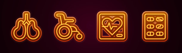 设置线肺，轮椅为残疾人，心率和药丸泡罩包装。发光的霓虹灯图标。向量图片下载