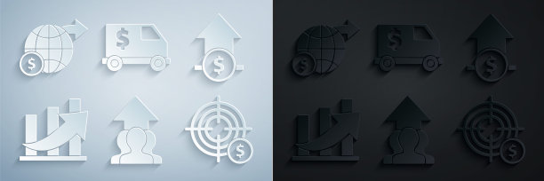在人群中设置增长图表和进度，金融增长硬币，目标与美元符号，装甲卡车和地球图标。向量图片下载