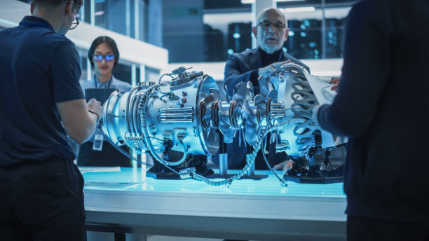 科学技术实验室，工程师团队、老年项目经理和机械操作员站在平板电脑旁合作研制一种新型涡轮发动机。图片下载