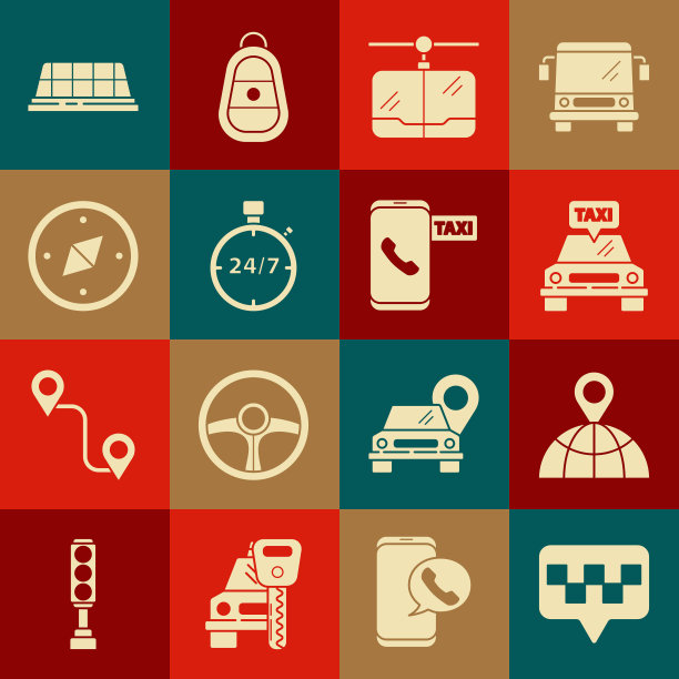 设置地图指针与出租车，位置在全球，出租车汽车，电缆，秒表24小时，指南针，屋顶和电话服务图标。向量图片下载