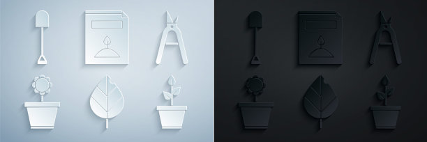 集叶，园艺手工剪刀，花盆，植物，一个包的特定植物和铲子图标的种子充满。向量图片下载