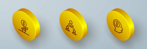 设置等距线美元工厂，员工层次结构和商人的规划思想图标。向量图片下载