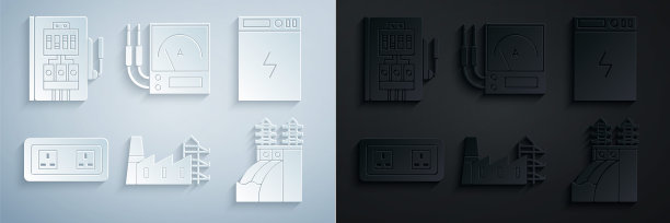 集发电站工厂和工厂，银行，电源插座，核电，安培表，万用表，电压表和面板图标。向量图片下载