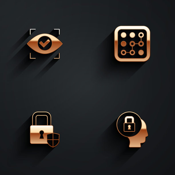 设置眼睛扫描，图形密码保护，盾牌安全与锁和锁图标长阴影。向量图片下载