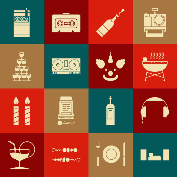 集家庭立体声与两个扬声器，烧烤架，香槟瓶，DJ遥控器播放和混合音乐，酒杯堆叠金字塔塔，打开香烟包装盒和小丑头图标。向量图片下载