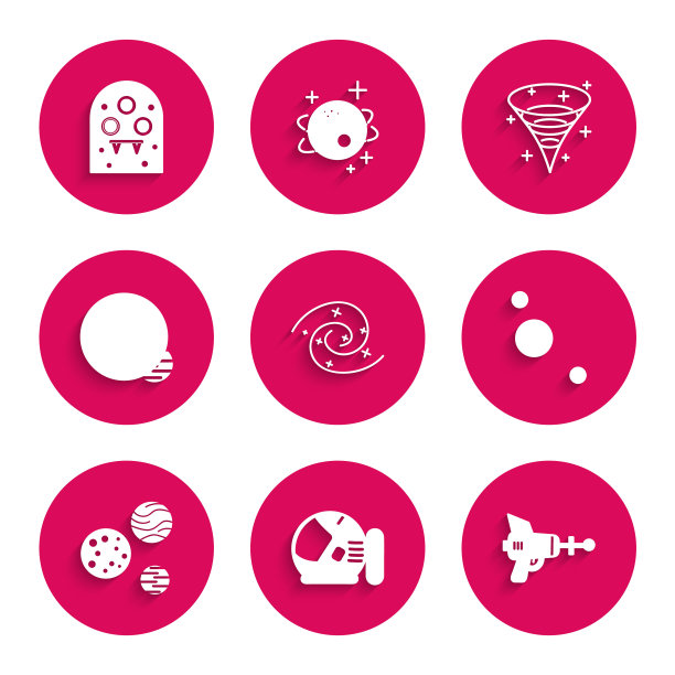 设置黑洞，宇航员头盔，射线枪，太阳系，行星和外星人图标。向量图片下载