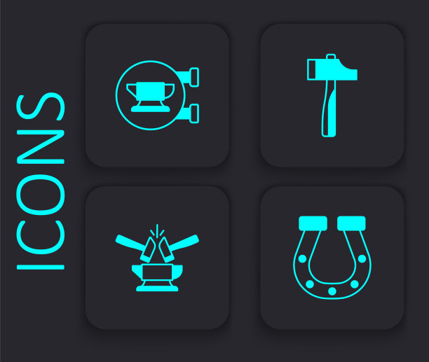 集马蹄铁，铁匠铁砧工具，锤子和铁砧和锤子图标。黑色方形按钮。向量图片下载