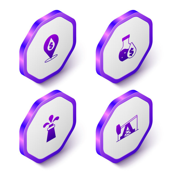 设置等距油滴与美元符号，汽油试管，钻机和泵或泵千斤顶图标。紫色六边形按钮。向量图片下载