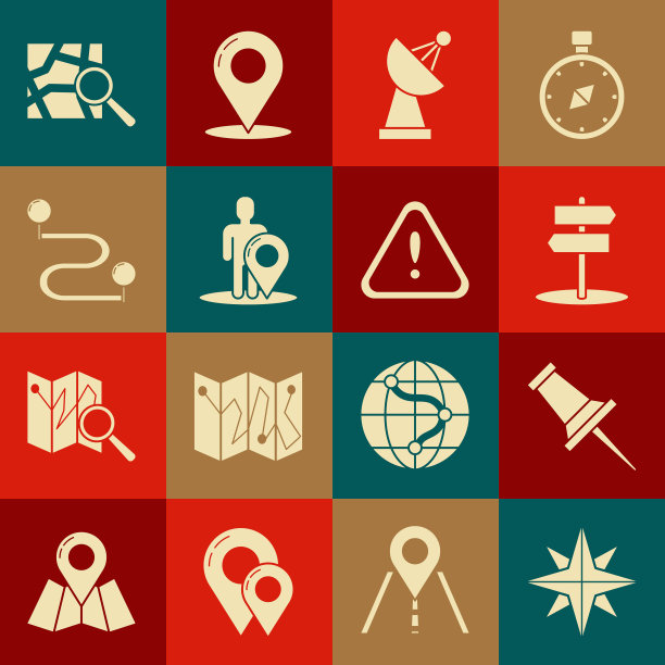 集风玫瑰，推针，道路交通标志，雷达，地图标记与剪影的人，路线位置，折叠地图和感叹号三角形图标。向量图片下载