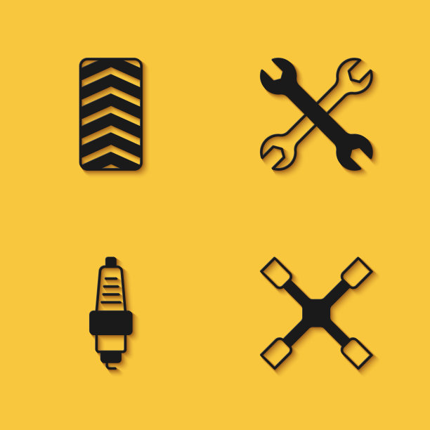 设置汽车轮胎，车轮扳手，火花塞和扳手图标长阴影。向量图片下载