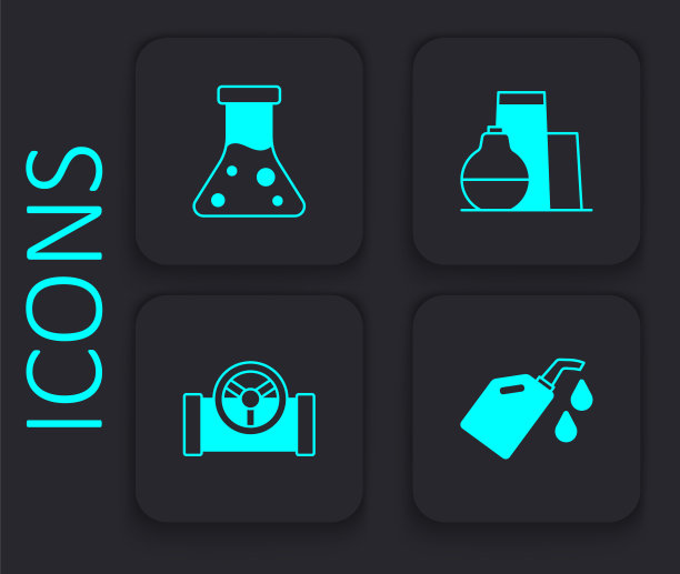 设置汽油机油罐，机油汽油试管，储罐和带有阀门图标的管道。黑色方形按钮。向量图片下载