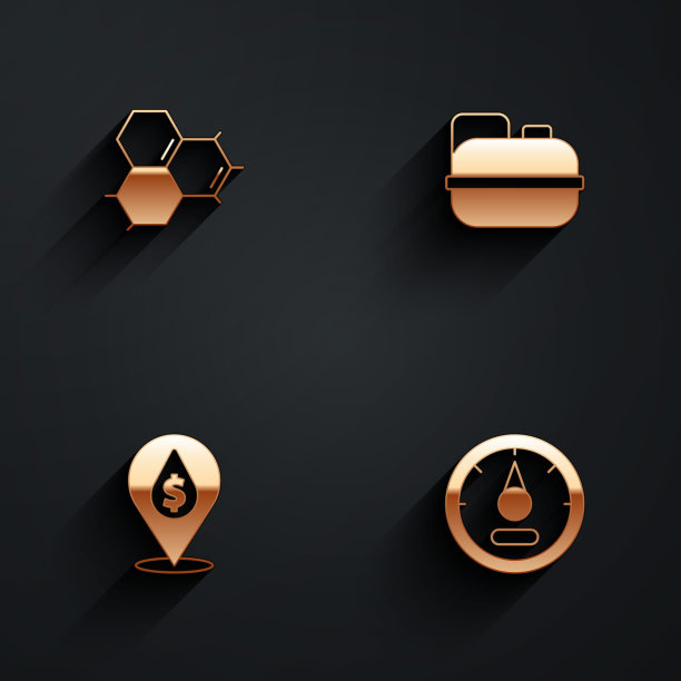 集分子油，汽油罐，油滴与美元符号和电机仪表图标长阴影。向量图片下载