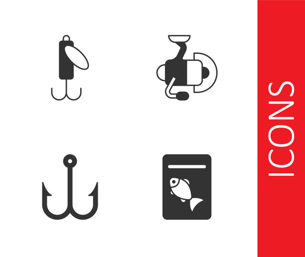 盘上的鱼，鱼饵，鱼钩和旋转卷轴钓鱼图标。向量图片下载