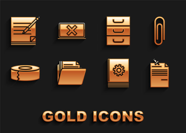 设置文档文件夹，回形针，带有固定按钮的笔记纸，用户手册，苏格兰威士忌，抽屉文件，空白笔记本和笔和笔记本电脑交叉标记屏幕图标。向量图片下载