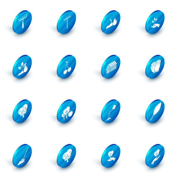 集花园耙，浇水芽，植物手的环保，植物，树梨，樱桃，手套和农场的房子图标。向量图片下载