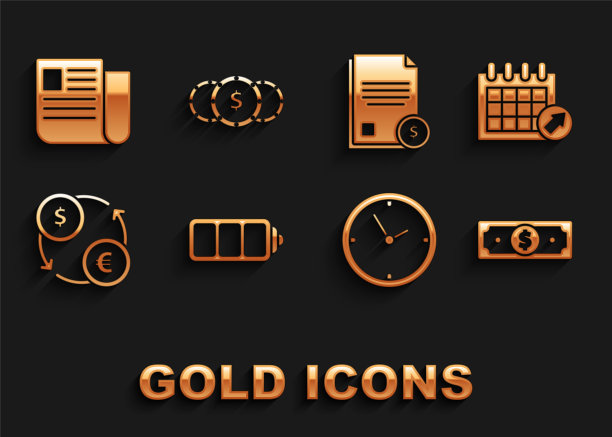 设置电池充电水平指示器，日历，堆栈纸币现金，时钟，货币兑换，财务文件，文件和硬币与美元符号图标。向量图片下载