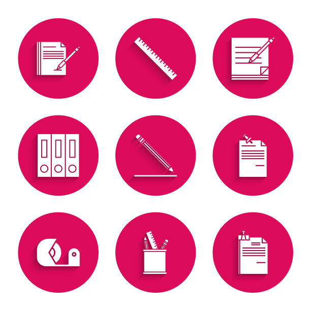 套装铅笔与橡皮擦和线，案件文具，文件装订夹，笔记纸别针按钮，苏格兰威士忌，办公文件夹纸张文件，空白笔记本笔和图标。向量图片下载