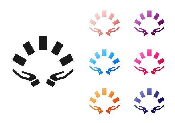 黑色的手拿着纸牌图标孤立的白色背景。赌场游戏设计。设置图标彩色。向量图片下载