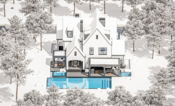 白色和黑色的现代都铎王朝的房子在冬季的3d渲染图片下载
