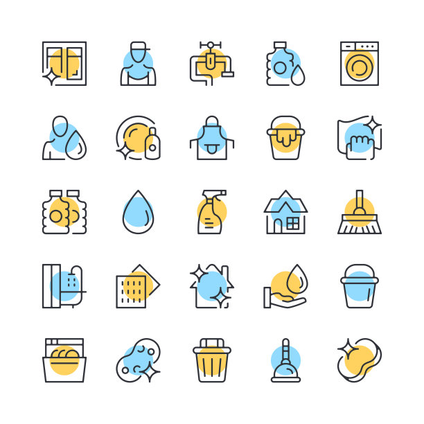 清理线路图标。一组清洁服务图标。黑色，蓝色和黄色。现代线性轮廓平面设计。矢量线图标集图片下载