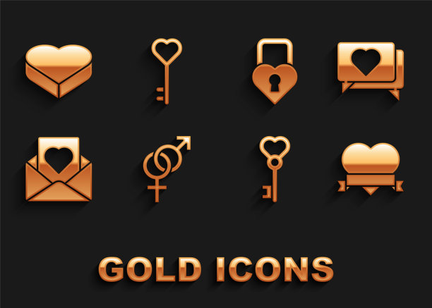 设置性别，喜欢和心，心丝带，钥匙的形状，信封，城堡，糖果形状的盒子和图标。向量图片下载