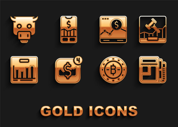 集移动股票交易，在线互联网拍卖，股市新闻，比特币，饼图信息图，网站与增长，公牛和图标。向量图片下载