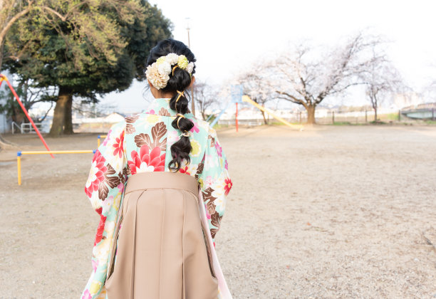 在一所小学的毕业典礼上，女孩穿着袴看樱花图片下载