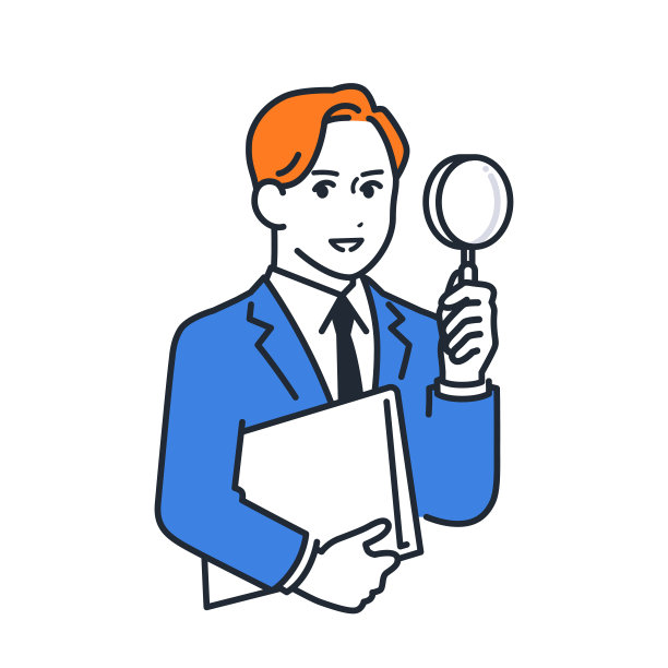 简单的矢量说明材料的一个年轻人在一个西装与放大镜和一个文件与微笑图片下载