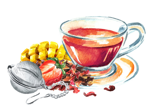 果茶，茶杯和茶冲泡筛，手绘水彩插图孤立在白色背景图片下载