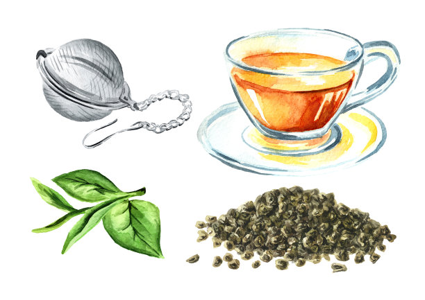 火药茶叶，新鲜和干燥，杯茶和冲泡筛集。手绘水彩插图，孤立在白色背景上图片下载