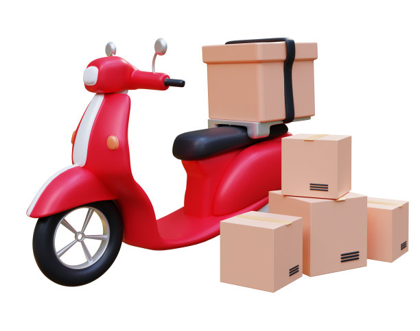 带纸箱的滑板车。在线配送服务理念。电子商务概念，网上餐厅订餐服务，网上购物和移动应用送货服务。三维渲染图片下载
