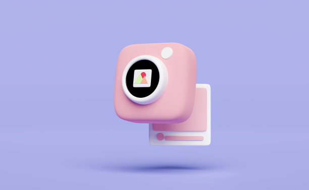 3d粉红色的照片相机图标孤立的紫色背景。最小的概念，3d插图或3d渲染图片下载