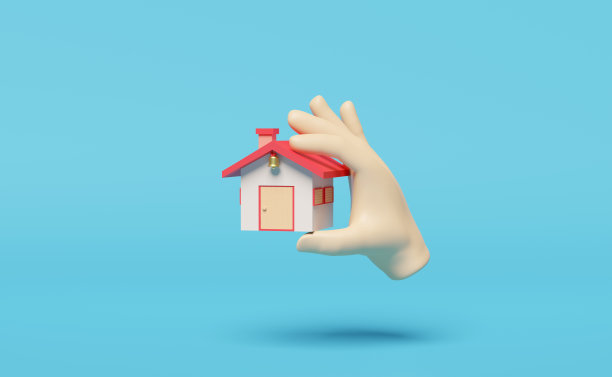 三维卡通手拿红房子孤立在蓝色背景。3d渲染图图片下载