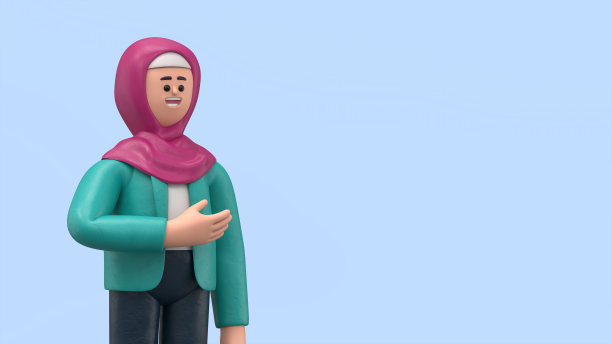 一个微笑的阿拉伯妇女Ghaliyah的3D插图，在指示下伸出手。卡通人物站着的人指着手指的肖像，在蓝色背景上3D渲染。图片下载