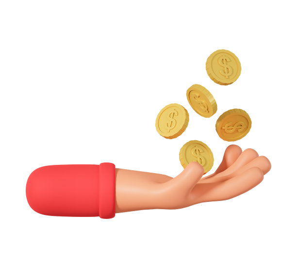 卡通手拿几个钱金币3d插图孤立在白色背景。商业和金融概念与手持货币硬币3d插图孤立的白色背景图片下载