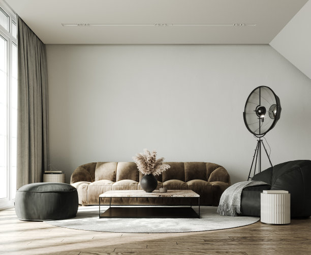 客厅的现代室内设计。现代家庭内部与空白墙背景图片下载