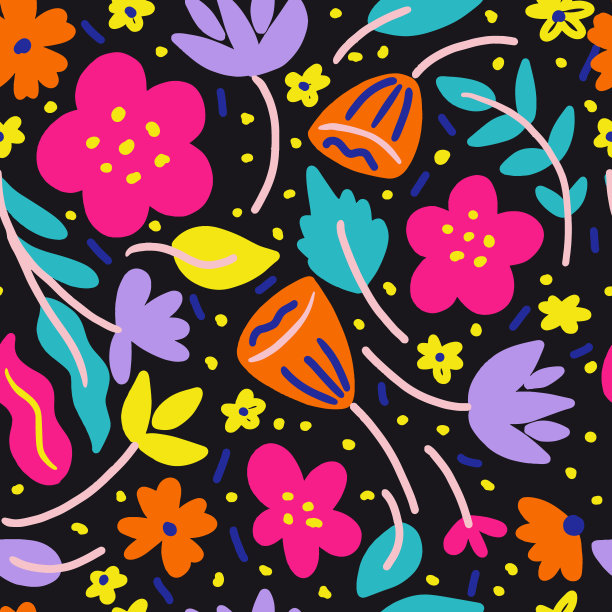 春天充满活力的花朵在黑色背景矢量无缝图案图片下载