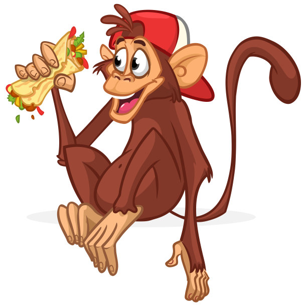 卡通有趣的猴子黑猩猩手里拿着沙拉三明治或烤肉串。向量插图快乐的猴子字符设计孤立图片下载