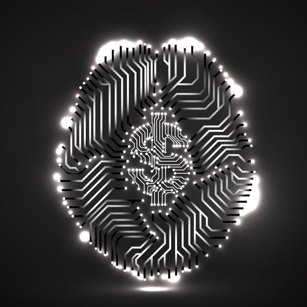 技术大脑与美元符号内隔在黑暗的背景上，创意十足图片下载