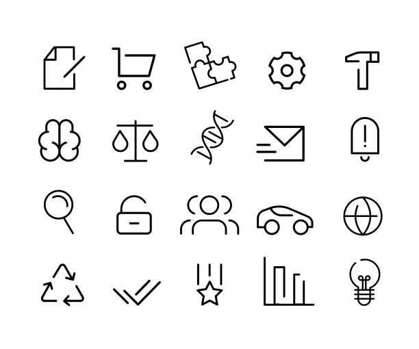 一组用于社会营销、商业、物流、科学、购物车、文档、设置、小部件、回收、想法、图表、创新、网络、人力资源、IT、通信的图标图片下载